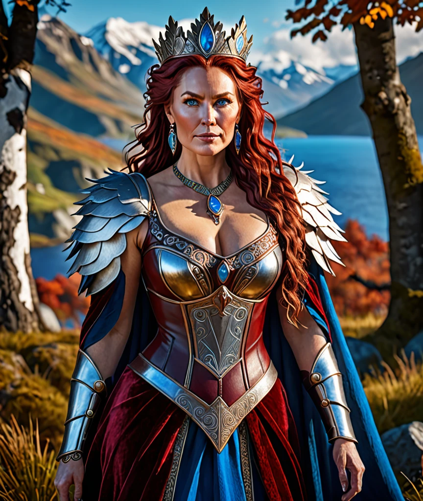 Full body Portrait of the Great Nordic Queen, a very gorgeous woman, 50 years old, thick healthy body, erotic warrior costumes, dark red styled fluffy hair, natural Blue eyes, a nose with a bump, an elongated chin, dressed in ancient national, attractive figure, captivating beauty,
8k resolution, dynamic lighting hyperdetailed intricately detailed Splash art trending on Artstation triadic colors Unreal Engine 5 volumetric lighting, oil painting, heavy strokes