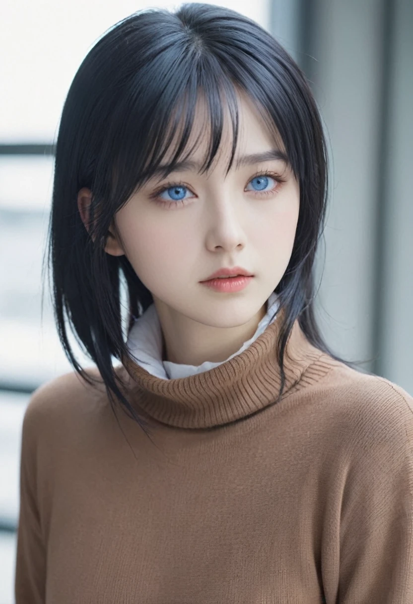 1 girl, Bblack hair, far away, brown sweater, high collar, look ahead, blue colored eyes, rosto angelical, Caucasian skin