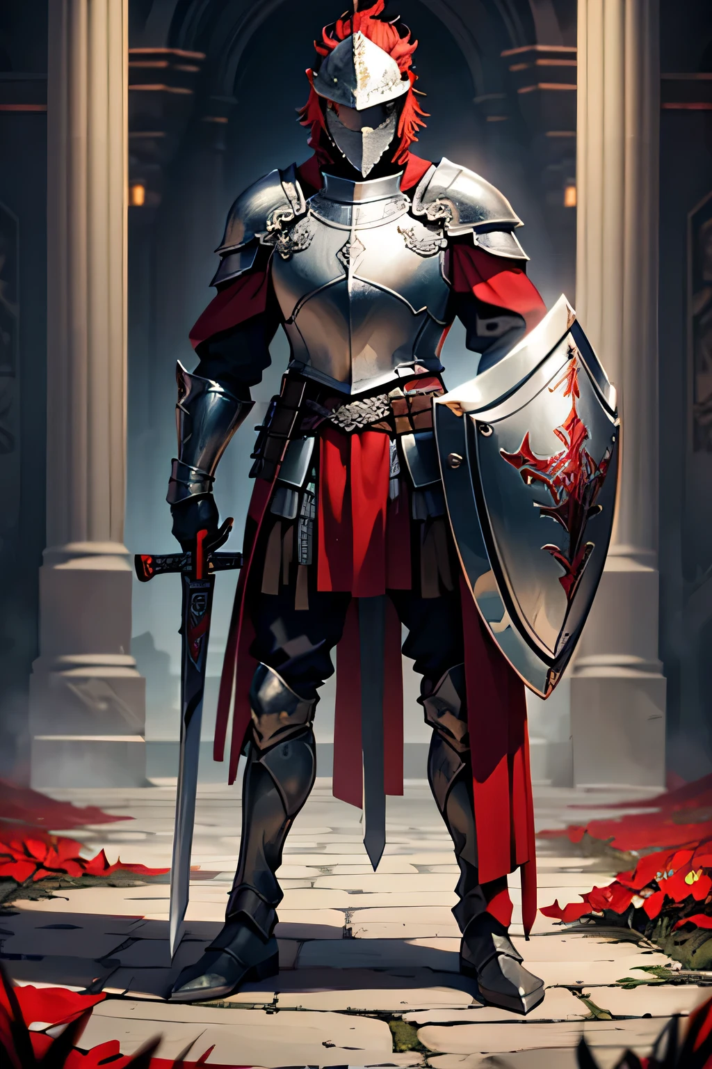 A knight in shining armor with a helmet adorned with red plumes. He holds a sword with glowing runes and a shield emblazoned with a Lion.. He is standing on the ground as if waiting for someone to go to war.