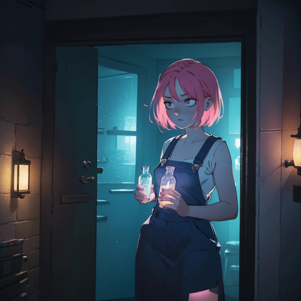 "Create a highly detailed and evocative image of a young woman with vibrant pink hair and slightly bluish skin. She should be portrayed in a dimly lit room in dark blue tones to emphasize a mood of anxiety, madness and paranoia. The setting should be surreal and disturbing, with shadows and dim light sources casting mysterious glows. In her hand, she holds a clear glass bottle filled with various colored pills, symbolizing her inner turmoil. and almost paranoid. The overall atmosphere of the image must be dark and oppressive, with the blue tones creating a cold and frightening environment. Details such as flickering lights, disturbing shadows and a feeling of claustrophobia must be present to enhance the feeling of discomfort.