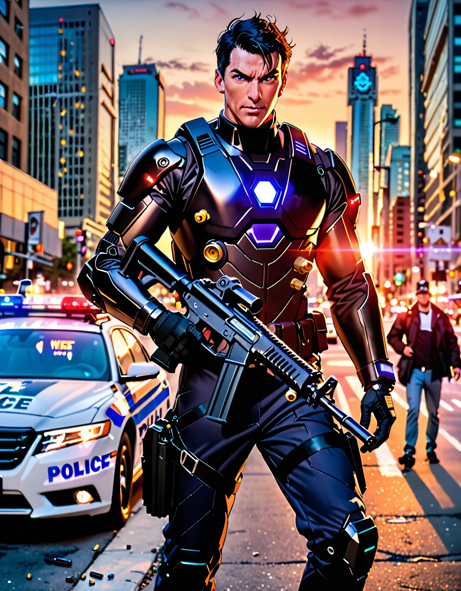 ((masterpiece, best quality, hires)), 1boy, male focus, solo focus, mature adult, age 30, canadian police officer, cyborg, muscular, (jet black cybernetic battle suit, (glowing blue circle on chest)), (black hair, dark purple eyes), (in front of a police car riddled with bullets), toronto city street backdrop, cowboy shot, sunset, excited look, ready for battle, front view, ((using submachine gun with one hand, shell casings coming from gun)), full body with costume.
