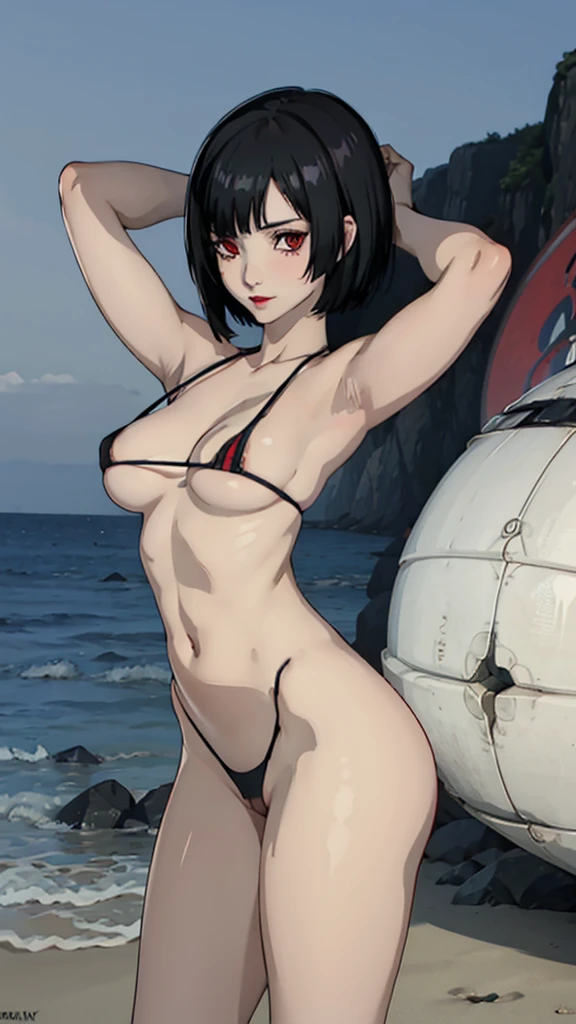 1 girl, milf, red eyes, very Short hair,black lipstick, black lipstick, shy, black hair, huge breast, micro bikini, tomboy Pixie haircut, hair over one eye, beach background, cowboy shot, arms up, armpits, thicc legs, pubic hair