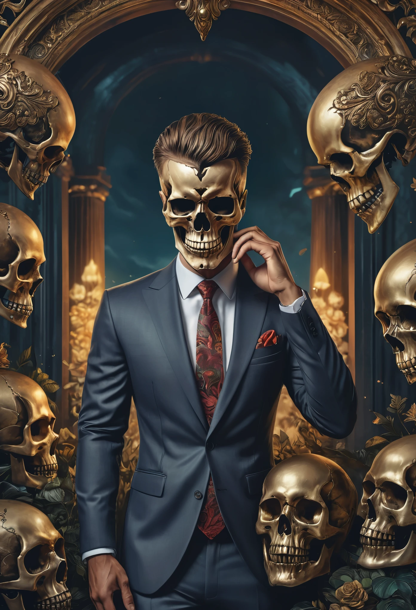 there is a man with a skull on his head and a suit, 8k high quality detailed art, highly detailed digital artwork, stunning digital illustration, beautiful digital artwork, highly detailed digital art, striking detailed artstyle, 4 k highly detailed art, 4k highly detailed digital art, over detailed art, detailed art, digital painting highly detailed, super detailed and realistic