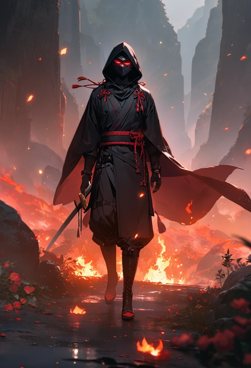 A ninja wearing a black uniform, black hood, black cape, black pants, black boots, with a red aura, red purple glowing eyes, wearing a black mask, katana in burning fire and red finish and a black bracelet, in a foggy valley,full body. shadow, flower, UHD, masterpiece, accurate, anatomically correct, textured skin, super detail, high quality, best quality, 8k, high resolution, bokeh effect. (solo ninja)