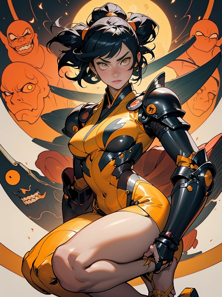 [Shinjuku background at night],Giant robot Ginrei, (HENTAI Anime) (Japanese NINJA Girl (Beauthfull) 19 year old student)  and muscular [Scrawny & shapely body], Short bob cut,([wasp] Orange Ninja Battle Armor) tissue [Pull up] ((Internal rubber fitting) [honeycomb] [RAND]) hair ornaments (Matte metallic shine:0.8),gravure [kunoichi],(perfectly proportioned),Optimal color coordination),(Complex and beautiful decoration (Dense detail)),[Perfect hand details],(Beautiful perfect face, yellow  eyes, yellow irises, [Perfect eye details, [Full body like], Adjust thighs, tight slit,[[Desaturation]], beautiful hands, perfect toes