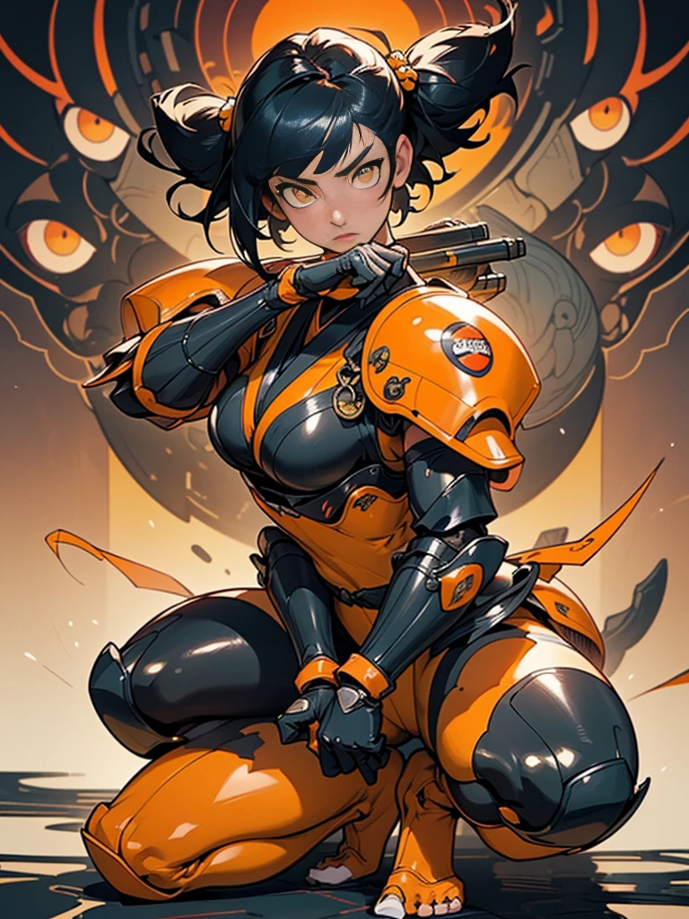 [Shinjuku background at night],Giant robot Ginrei, (HENTAI Anime) (Japanese NINJA Girl (Beauthfull) 19 year old student)  and muscular [Scrawny & shapely body], Short bob cut,([wasp] Orange Ninja Battle Armor) tissue [Pull up] ((Internal rubber fitting) [honeycomb] [RAND]) hair ornaments (Matte metallic shine:0.8),gravure [kunoichi],(perfectly proportioned),Optimal color coordination),(Complex and beautiful decoration (Dense detail)),[Perfect hand details],(Beautiful perfect face, yellow  eyes, yellow irises, [Perfect eye details, [Full body like], Adjust thighs, tight slit,[[Desaturation]], beautiful hands, perfect toes