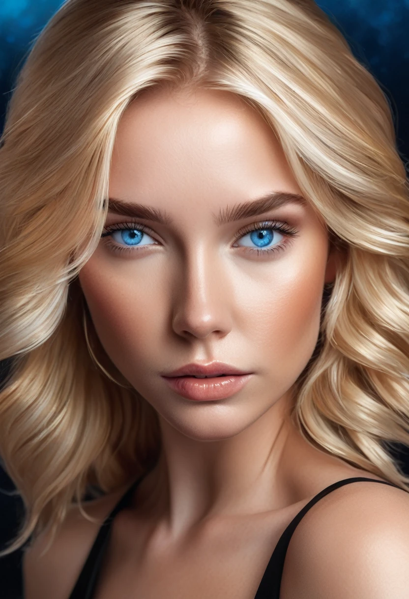 A stunning digital portrait of a young woman with cascading blonde locks, piercing blue eyes, and a sleek black dress that hugs her curves in all the right places.