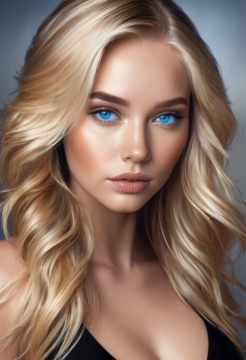 A stunning digital portrait of a young woman with cascading blonde locks, piercing blue eyes, and a sleek black dress that hugs her curves in all the right places.