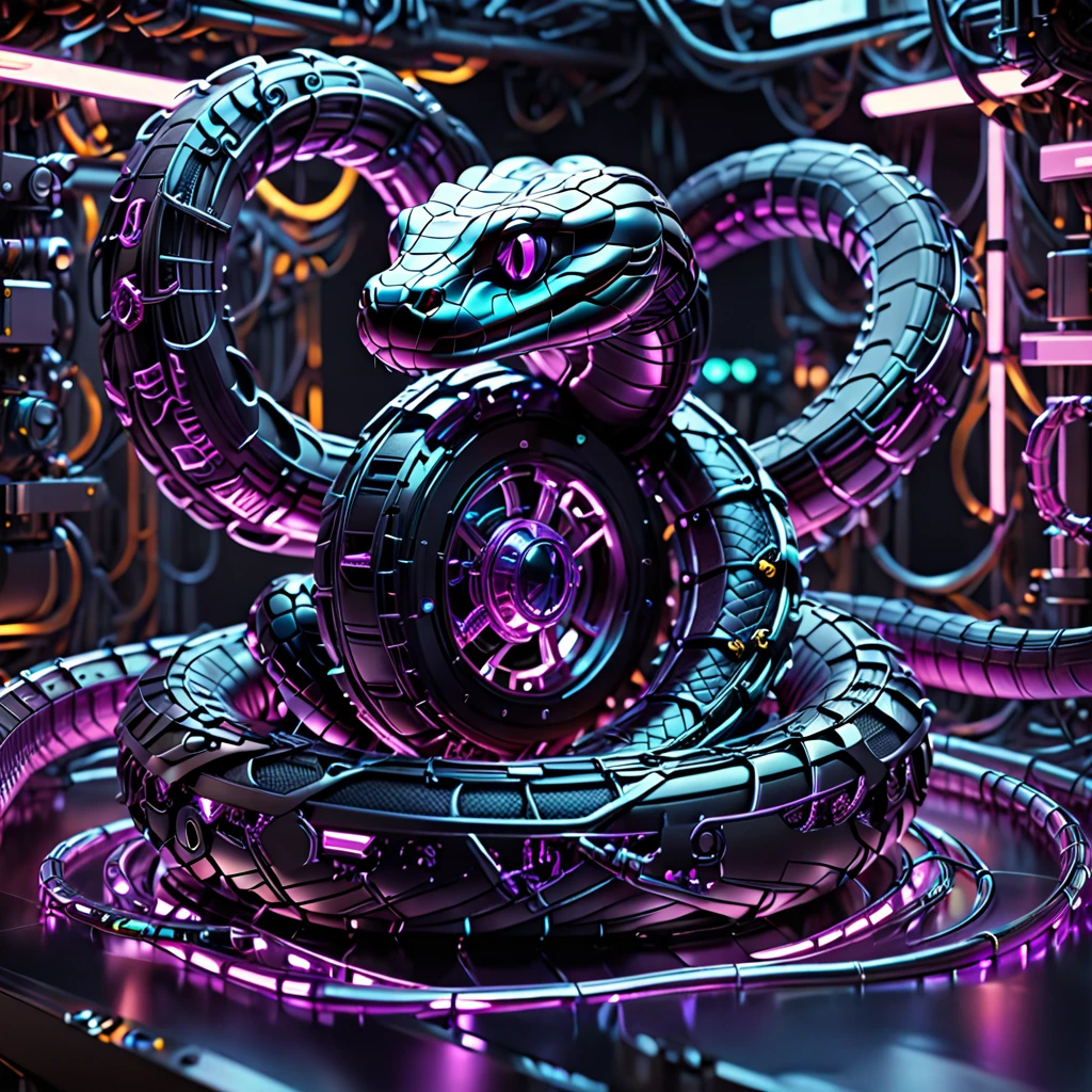 A high-resolution image of a mechanical snake, intricately designed and powered by a glowing purple nuclear core. Its body is made of matte black metal segments, connected seamlessly. The snake is interlaced with wires, cables, and pipes running along its length, with visible gears and screws adding to its complexity. The background is a dark, futuristic industrial setting, with the purple glow from the nuclear core casting a subtle light on the snake’s matte black metal and intricate components. The scene exudes advanced technology and a sense of formidable power.