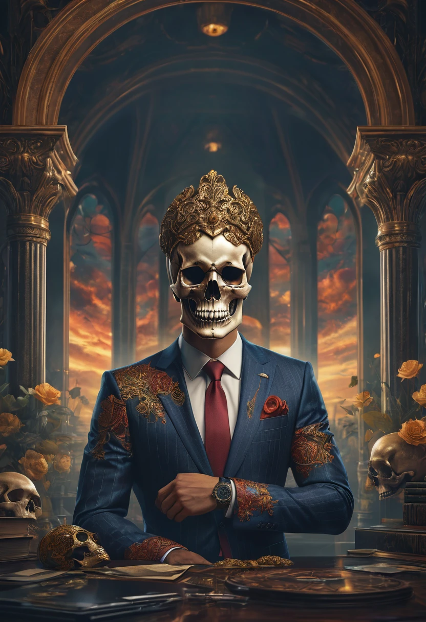 there is a man with a skull on his head and a suit, 8k high quality detailed art, highly detailed digital artwork, stunning digital illustration, beautiful digital artwork, highly detailed digital art, striking detailed artstyle, 4 k highly detailed art, 4k highly detailed digital art, over detailed art, detailed art, digital painting highly detailed, super detailed and realistic