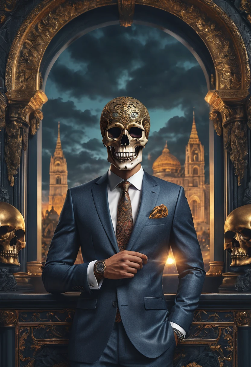 there is a man with a skull on his head and a suit, 8k high quality detailed art, highly detailed digital artwork, stunning digital illustration, beautiful digital artwork, highly detailed digital art, striking detailed artstyle, 4 k highly detailed art, 4k highly detailed digital art, over detailed art, detailed art, digital painting highly detailed, super detailed and realistic