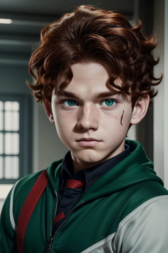 My Hero Academia Capture. Boy with wavy reddish hair with black and a green lock, He has one red and one black eyes and has a scar on his eyebrow.. He has a cure on his cheek and neck, with the UA uniform.