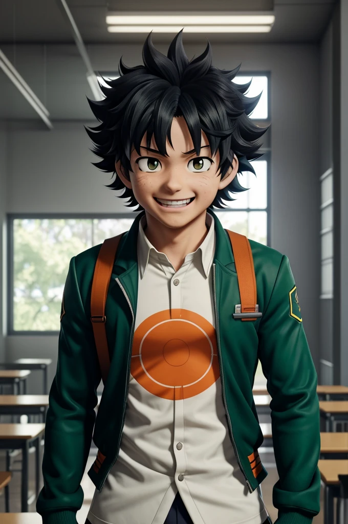 Atsuki Demataretsu Captura Pantalla de My Hero Academia. Curly hair boy, dark and long, with bangs. He has orange eyes with phosphorescent green and has a happy expression. He is wearing the UA uniform and in the background he has a school class with tables, anime style of Bokuno hero academy.