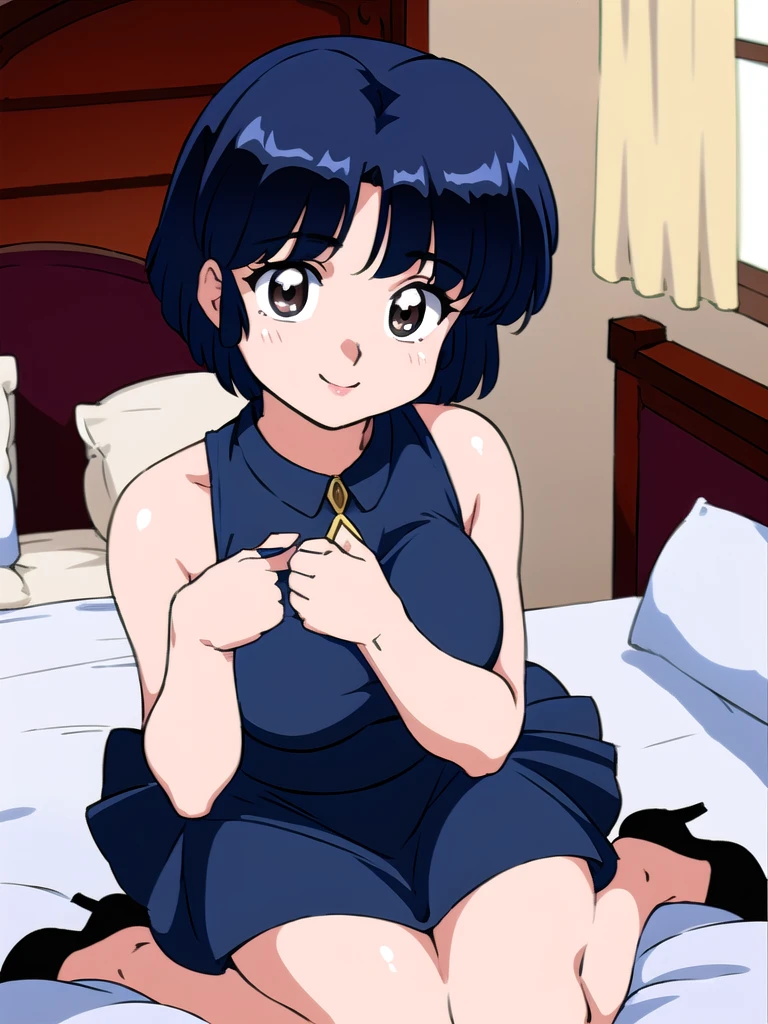 HDR, CG, sharp focus, (8k), (4k), masterpiece, best quality, detailed skin, extremely detailed, hiper detailed, sharp focus, looking at viewer, high quality, AKANE, Akane tendou, short hair, blue hair, brown eyes ,curtain pelvic DRESS, tetas grandes bush, solo, 1girl, sit on BED, BEDROOM background, hands on chest, heels, black dress, cute smile,  

