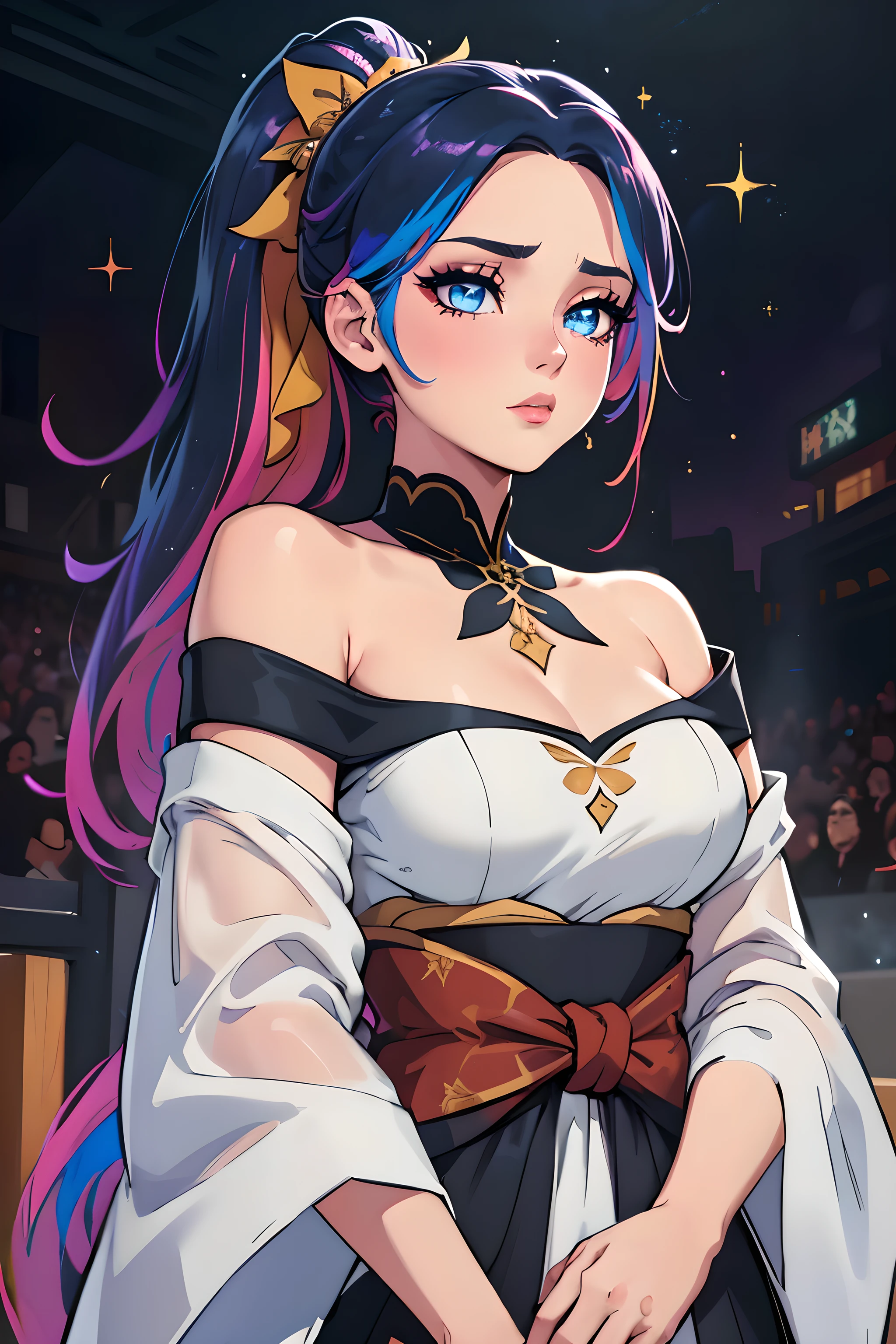 (​masterpiece), (best quality), (super detailed), (dirty hair), (Illustration), (1 girl) (Long Rosa Hair 1.5) (blue eyes) (Double ponytail 2.0), ((((No shoulders))),Hanfu, (looking at the audience, (Interview), (simple backround), Beautiful and delicate eyes, delicate beautiful face, Ascending (high saturation), (Colorful glitter), Multicolored bubbles, (glitter), Accent on the face, PerfectNwsjMajic, conservative clothing, off shoulders, Autumn clothing, before the masses, perfect figure,