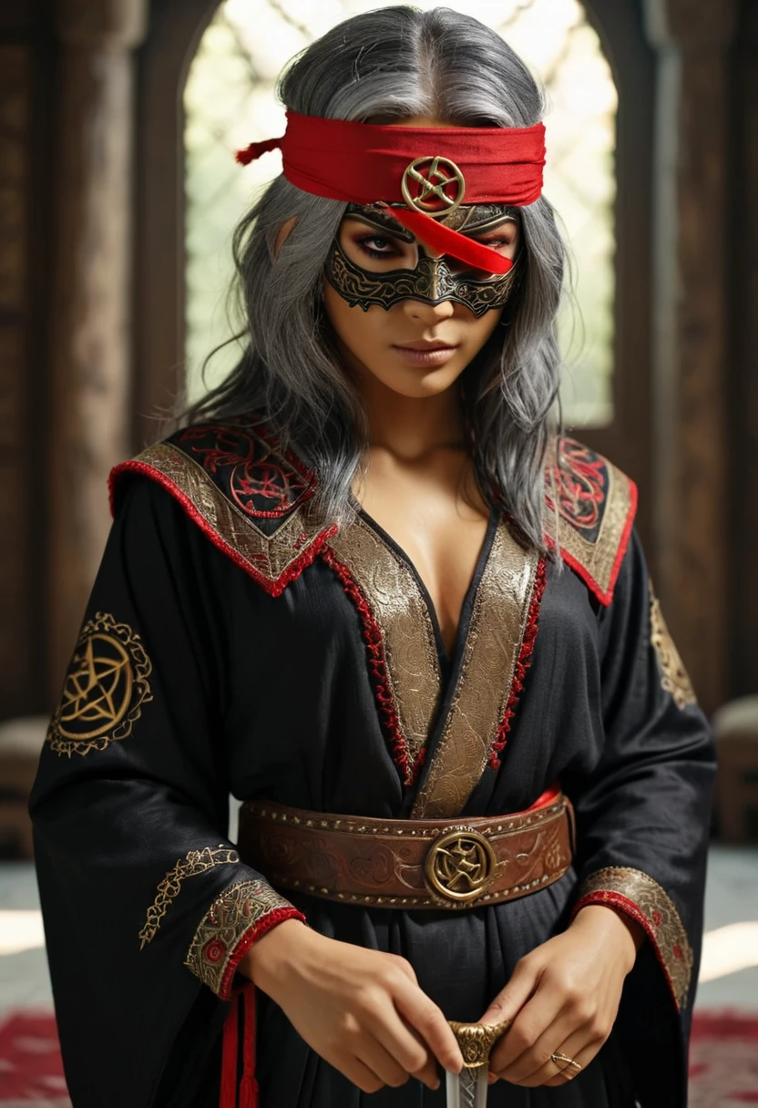 (fantasy character), (archaic embroidered robe:1.3), (black robe:1.3), (wears red blindfold over eyes:1.3), (has scars like tear tracks on face:1.3), (wizard), (5' 8" tall), female, (age 27), (unnatural flat gray skin color:1.3), (Middle-Eastern ethnicity), (iron-gray hair:1.3), (shorn hair:1.3), (slender), (beautiful), (sandals with ties), (has gold ring on hand:1.3), (bears a staff:1.3), (has dagger at belt:1.3), (amulet with pentacle:1.3), (4k textures), intricate, elegant, (highly detailed), (cinematic look), (soft tones), (insane details), (intricate details), hyperdetailed, (low contrast), (soft cinematic light), (dark colors), (looking at viewer)