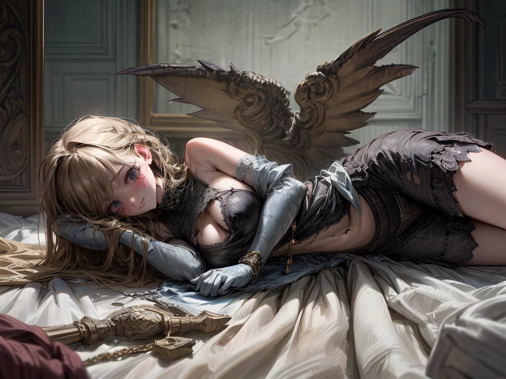 A young 12 year old slave girl, inside a medieval jail, Lying down with pose, on side view, on bed, crying, Textured skin, fantasy, with looks of scared; blonde hair, from above view, Clothes torn to shreds, Portrait of a girl, solo focus, delicate features, sharp facial features, looking at viewer, ((Masterpiece)), ((best quality)), (Professional Photography:1.2), wide-shot, cinematic lighting, very messy hair, (tattered and torn camisole, dirty white camisole), slightly exposed nipples, Slender body, small breasts, (shy and blush), ((long chains)), ((Heavy handcuffs)), (Restrain both hands:1.5), (very detailed face:1.4), (capricious, private study:1.3), (Ultra-high detail:1.2), Motion photography, high details, detailed and intricate, intricate details, high intricate details, Absurd amount of detail, absurdity, high resolution, (high quality:1.2, masterpiece:1.2, :1.21)