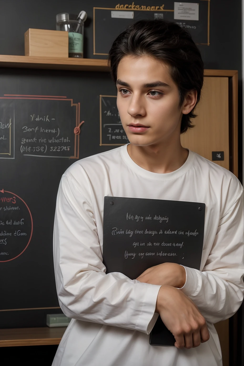 A beautiful young man, a cute twinkle, male. He has black hair and a face with makeup. He is wearing a white long-sleeved shirt and black jeans. He is in his huge scientific office, and behind him is a blackboard with chemical reactions written on it. He stays in his office, studying diligently, with passion, and with his eyes on it. Underneath are dark circles