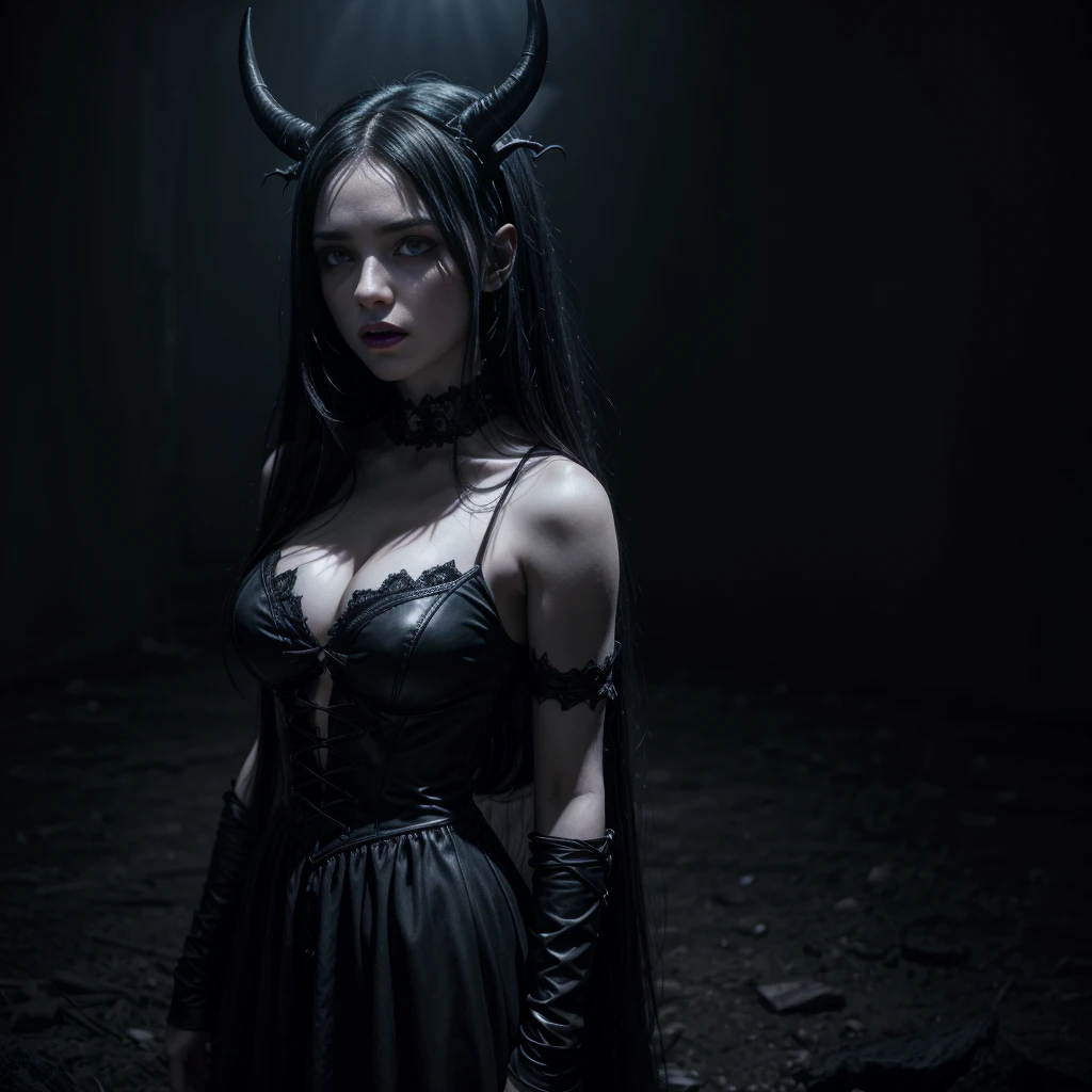 a demonic female figure, detailed face and eyes, long black hair, horns, fangs, dark gothic dress, dramatic lighting, moody atmosphere, dark fantasy, cinematic, chiaroscuro, dramatic shadows, muted colors, rich textures, hyper detailed, 8k, best quality, masterpiece