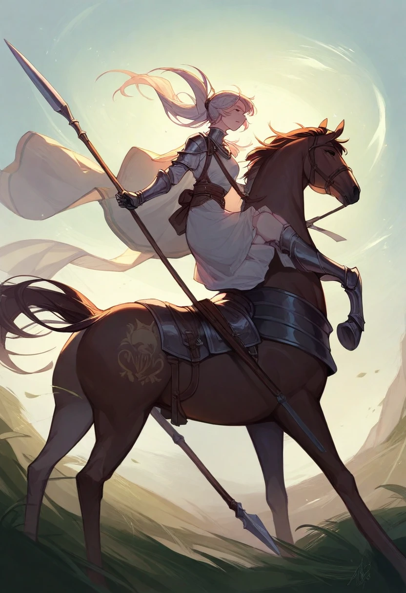 there is a woman riding a horse with a speqr on it, of a beautiful female knight, spear in her belly 
