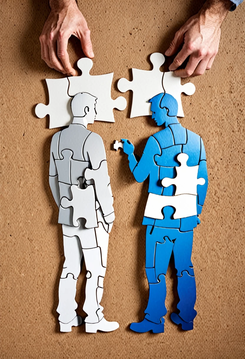 faceless construction men building an unidentified profile photo out of puzzle pieces
