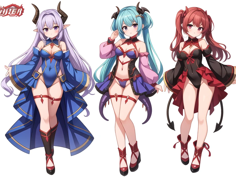 masterpiece, best quality, 3 girls,  variety of hairstyles, high fantasy costume, ((white background)), full body, multiple views, leotard, succubus, dragon horn, detached sleeves,