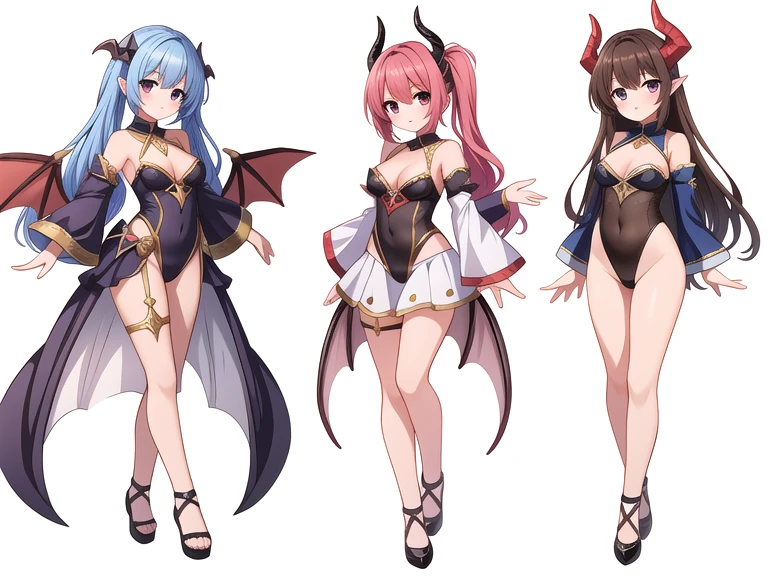 masterpiece, best quality, 3 girls, variety of hairstyles, high fantasy costume, ((white background)), full body, multiple views, leotard, succubus, dragon horn, detached sleeves,