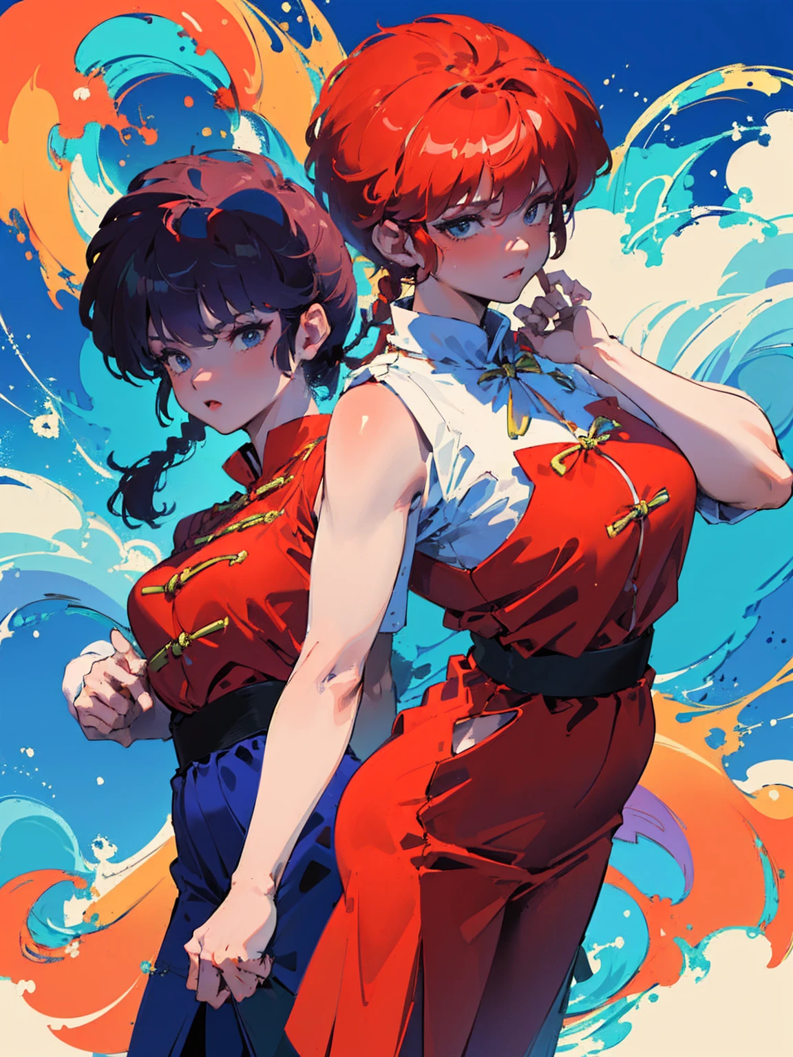 ((masterpiece:1.4)), expensive quality, very_expensive_solve, big_file size, Full Color, Thick outline, Clear contours, colorful, (Beautiful fine details, Are thin:1.4), ((Beautiful Face:1.0)), ((Boyish face:1.4)), 1 girl, (Ranma), (Redhead), short hair, (Braided Ponytail), ((bangs)), bumpy bangs, Blue-gray eyes, Big Breasts, Curvy, Ranma, Braided Ponytail, (Red Chinese Clothing, Short sleeves in red), No sleeve, Tangzhuang, (Black trousers), Are standing, ((, Are thin:1.4)), ((from the front:1.4)), Are thin:1.4
