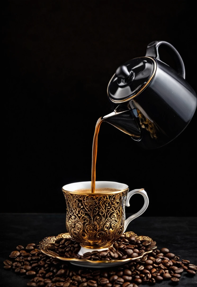 coffee pot pouring coffee from above into an antique coffee cup, black background, elegant