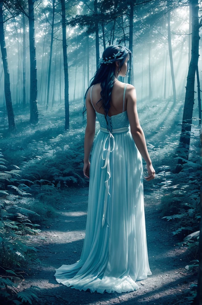 An ethereal landscape that represents limbo, with soft shades of blue and white, evoking a mystical atmosphere, supernatural, in the forest with butterflies and spiritual.
A female figure from behind, looking towards the horizon with an expression of determination and hope.
Flashes of light and shadows intertwined, symbolizing internal conflict and the path to clarity