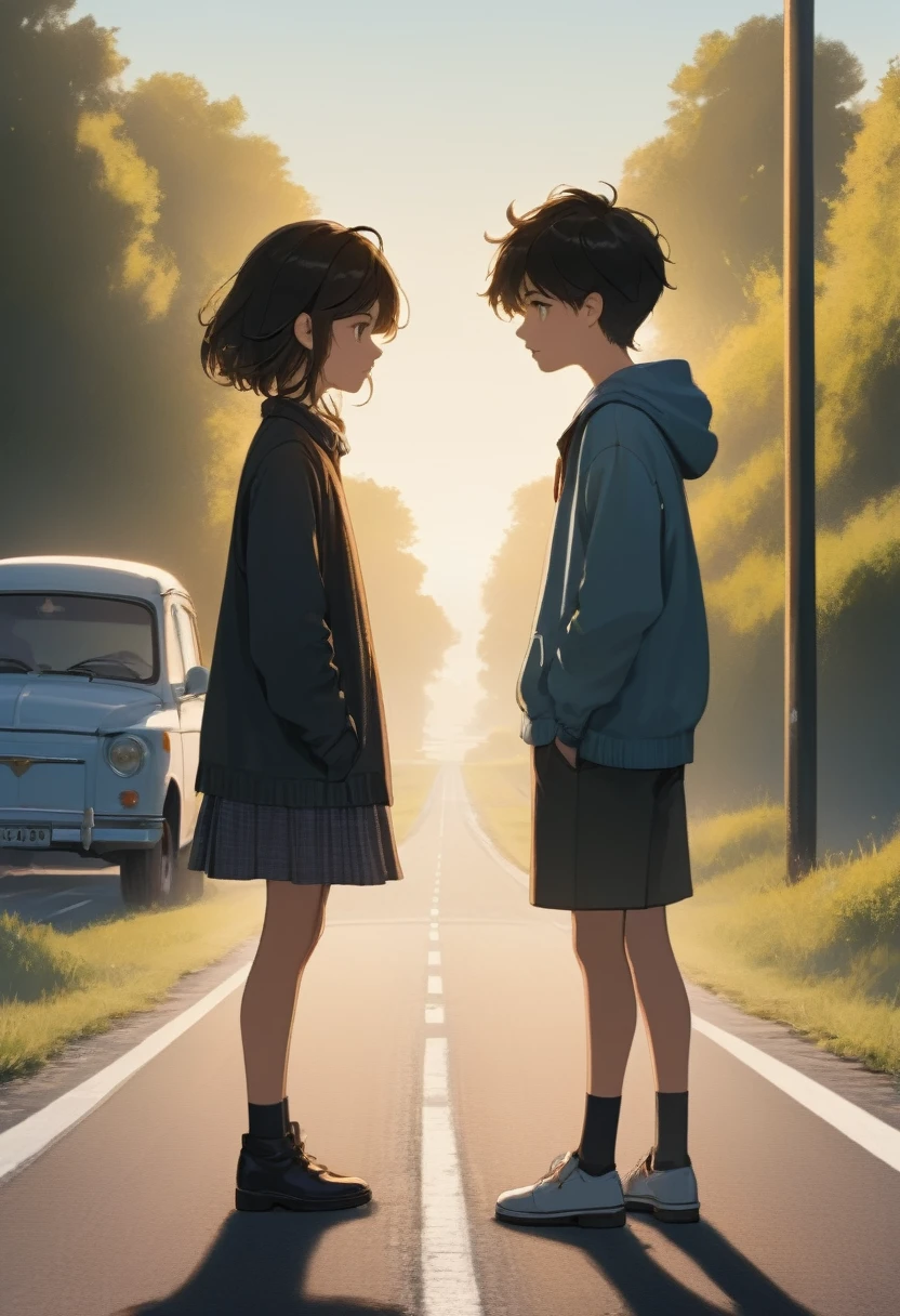 A boy or girl standing at a distance looking at each other in a road said