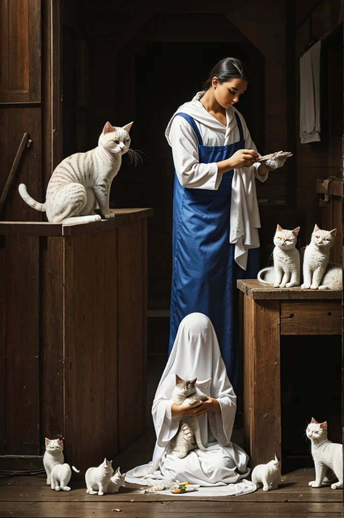 A ghost with some cats taking care of them
