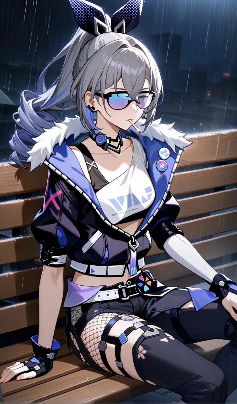 silver wolf from honkai star rail,tattoo on the neck and arm,wear black modern T-Short and black modern jeans,sunglasses,Sitting on a bench,smokes a cigarette,cigarette smoke, sad face, depress, night ,rain, (best quality), ultra high res, professional artwork, ultra detailed, intricate, detailed face,