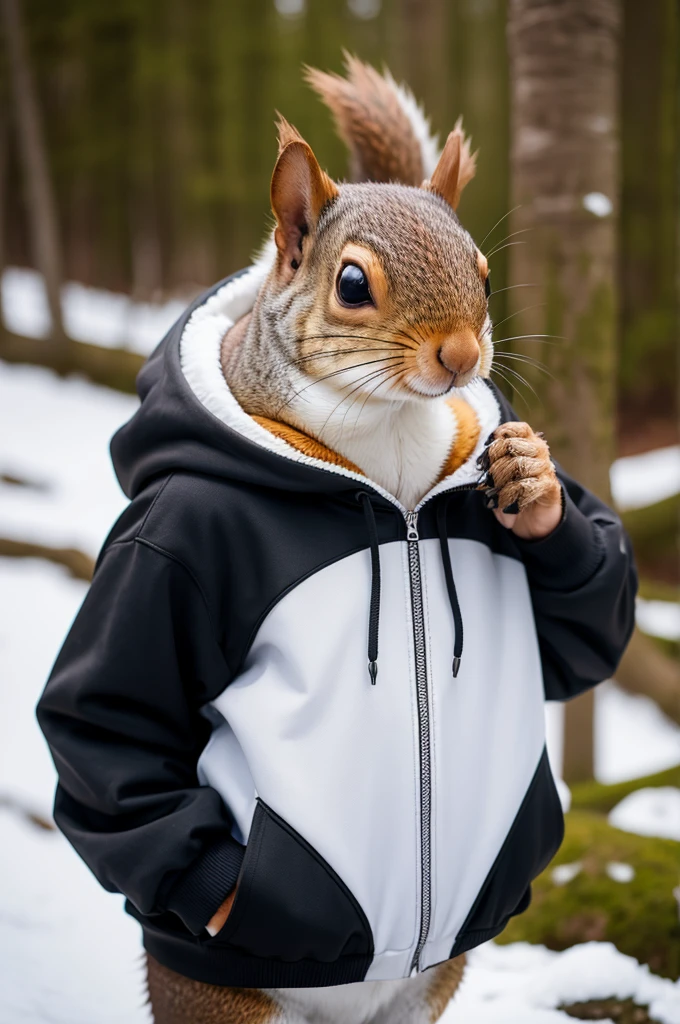 Squirrel wearing a penguin hoodie