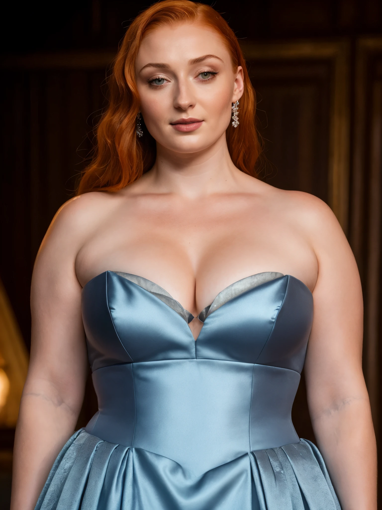 Face of Sophie Turner, Sansa Stark played by Sophie Turner, the de facto Lady of the Eyrie, is a 40-year-old mature queen with a stunning, alluring appearance. Full Face, Full figured woman, pierced eyes, reddish lips, upper body shot, erotic Mediaeval costumes, game of thrones costumes, She wears a Game of Thrones-inspired costume and has a deep cleavage, a perfect thick body, and a perfect thick figure. The photograph captures her in a close-up, with her skin texture and facial features being ultra-realistic and realistic. Juicy thick figure, high quality skin, Skin pores, amazing details, snow, snow flakes, semi realistic, extremely detailed eyes, dark moody orange and black settings, cool environment, artificial intelligence