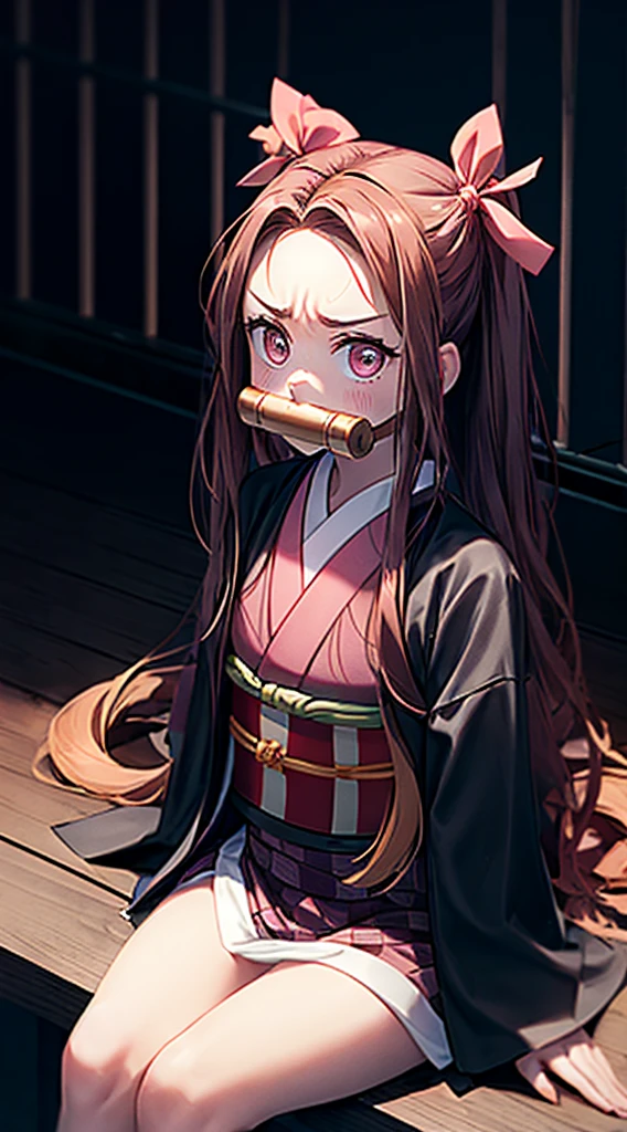 Masterpiece, Best Quality, High Resolution, venus1, 1girl, solo, Tsuko Kamato, Bamboo, bit gag, brown hair, checkered belt, gag, gradient hair, hair ribbon, haori, japanese clothes, kimono, long hair, looking at the audience, colorful hair, orange hair, pink eyes, pink kimono, pink ribbon, ribbon, solo, upper body, (((masterpiece)), frontal, sitting, cute, puffed cheeks, angry, wide eyes