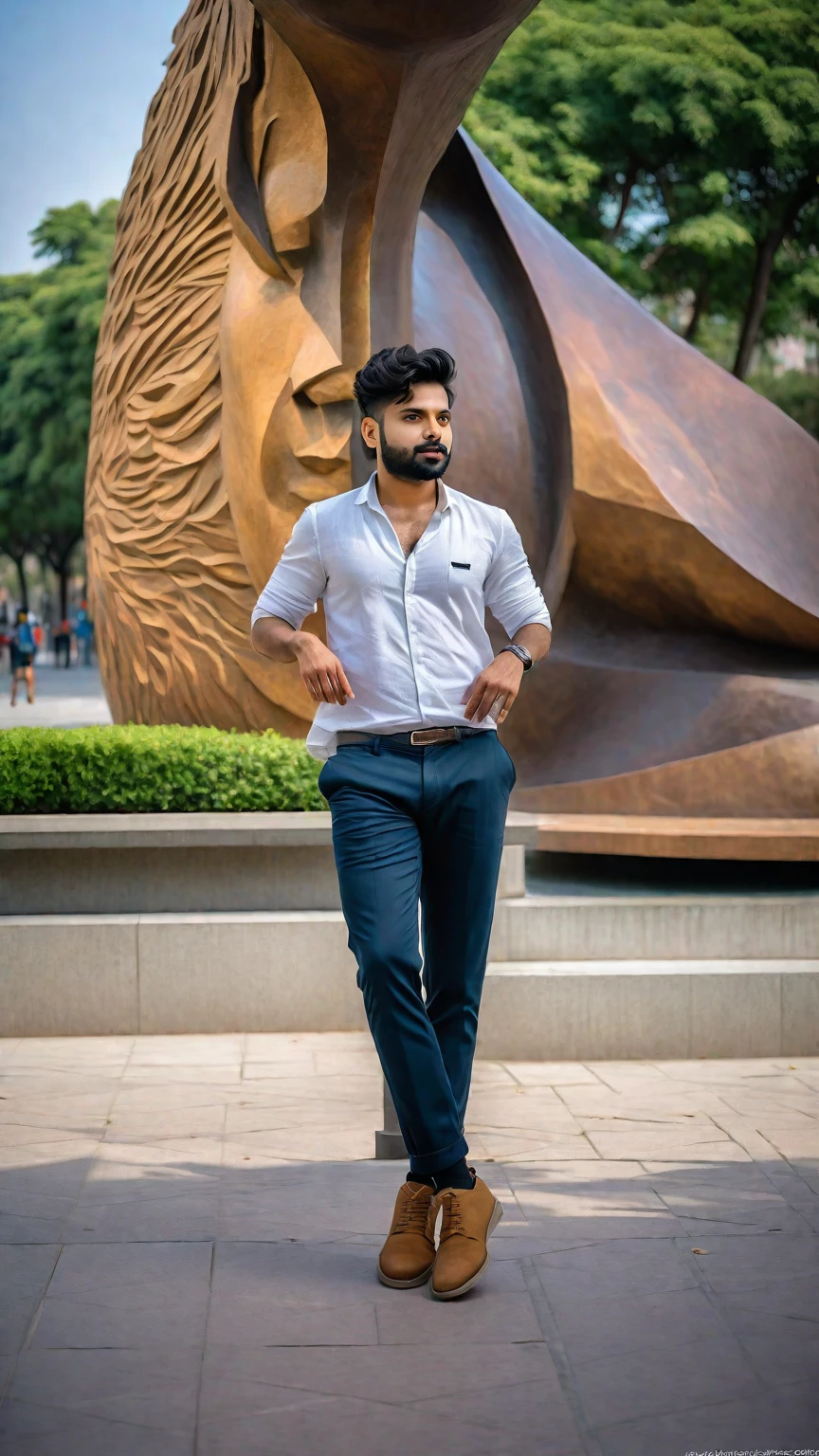 there is a man standing on a sidewalk in front of a large sculpture, candid picture, very artistic pose, full body photogenic shot, taken with sony alpha 9, with accurate face, with a cool pose, candid photo, stylish pose, full body photgraph, jayison devadas style, inspired by Saurabh Jethani, shot on nikon z9