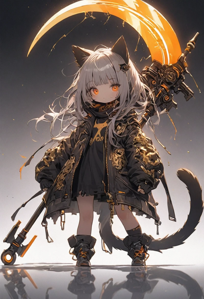 Detailed silhouette of a cyberpunk girl with cat ears and a tail, wearing a flowing, tattered coat, holding a gold huge scythe that includes a mechanical cat design, standing on a glossy, reflective surface with a minimalistic, soft gray background.