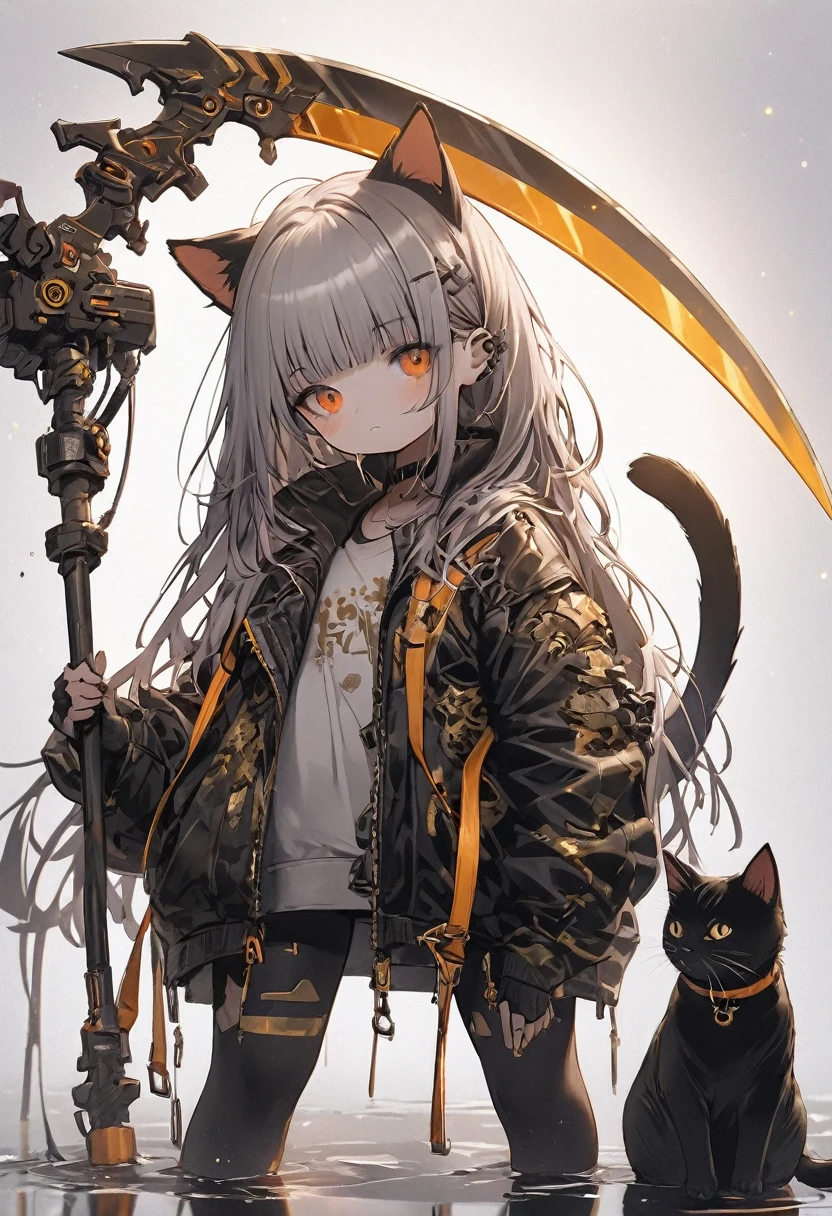 Detailed silhouette of a cyberpunk girl with cat ears and a tail, wearing a flowing, tattered coat, holding a gold huge scythe that includes a mechanical cat design, standing on a glossy, reflective surface with a minimalistic, soft gray background.