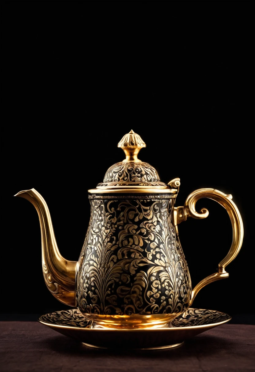 coffee pot pouring coffee from very high into an antique coffee cup, black background, elegant
