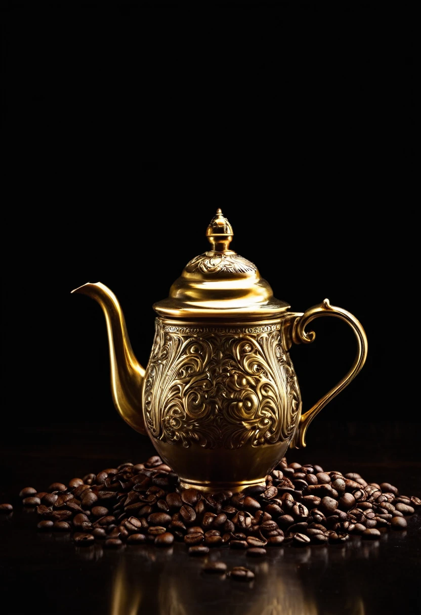 coffee pot pouring coffee from very high into an antique coffee cup, black background, elegant