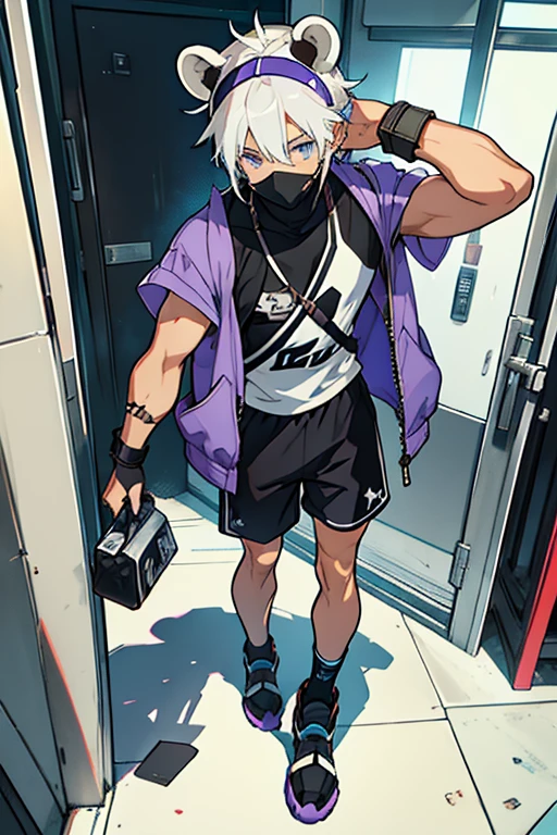 Small young man white hair blue eyes with polar bear ears black face mask purple sleeveless shirt black shorts brown cap brown jacket with hair clips with scars and band-aids on his body 