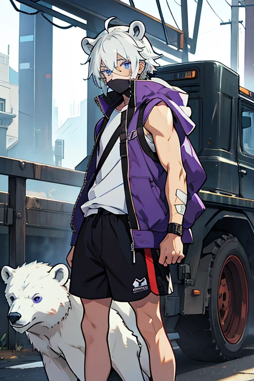 Small young man white hair blue eyes with polar bear ears black face mask purple sleeveless shirt black shorts brown cap brown jacket with hair clips with scars and band-aids on his body