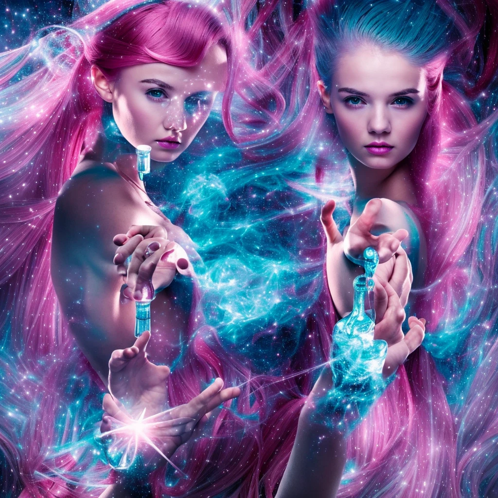 "Create a highly detailed and evocative image of a young woman with vibrant pink hair and slightly bluish skin. She should be portrayed in a dimly lit room in dark blue tones to emphasize a mood of anxiety, madness and paranoia. The setting should be surreal and disturbing, with shadows and dim light sources casting mysterious glows. In her hand, she holds a clear glass bottle filled with various colored pills, symbolizing her inner turmoil. and almost paranoid. The overall atmosphere of the image must be dark and oppressive, with the blue tones creating a cold and frightening environment. Details such as flickering lights, disturbing shadows and a feeling of claustrophobia must be present to enhance the feeling of discomfort.