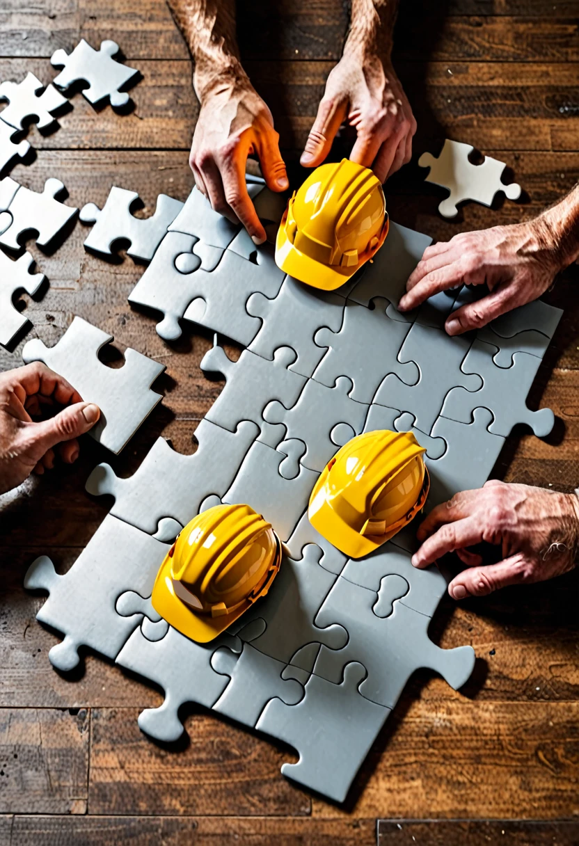faceless construction men building an unidentified profile photo out of puzzle pieces