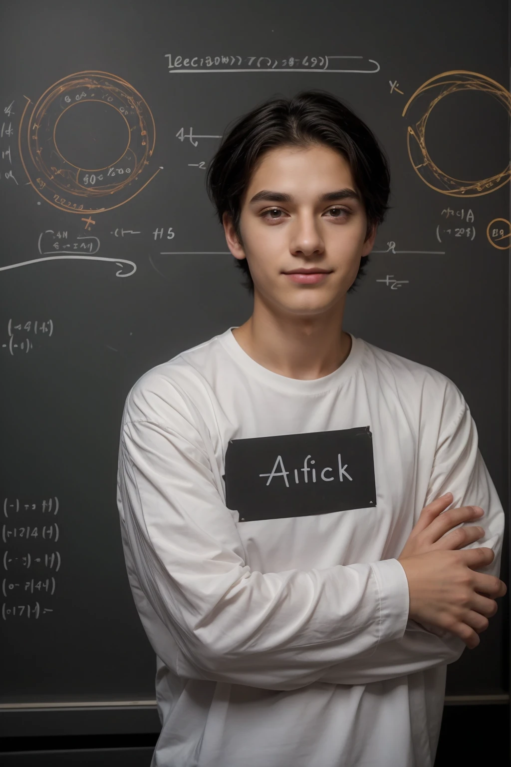 A beautiful, twinkly, cute male young man with black hair and a face with makeup. He is wearing a white long-sleeved shirt and black jeans. He is in his huge scientific office, and behind him is a blackboard with calculus and the Riemann function written on it. He looks on proudly, with circles under his eyes.  Black