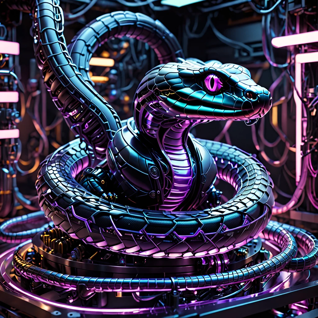 A high-resolution image of a mechanical snake, intricately designed and powered by a glowing purple nuclear core. Its body is made of matte black metal segments, connected seamlessly. The snake is interlaced with wires, cables, and pipes running along its length, with visible gears and screws adding to its complexity. ((The background is a dark)), futuristic industrial setting, with the purple glow from the nuclear core casting a subtle light on the snake’s matte black metal and intricate components. The scene exudes advanced technology and a sense of formidable power.
