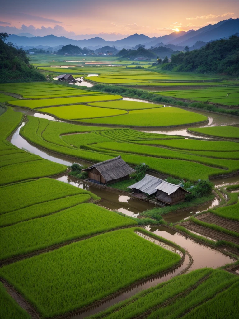 landscapes, rice fields, huts, twilight