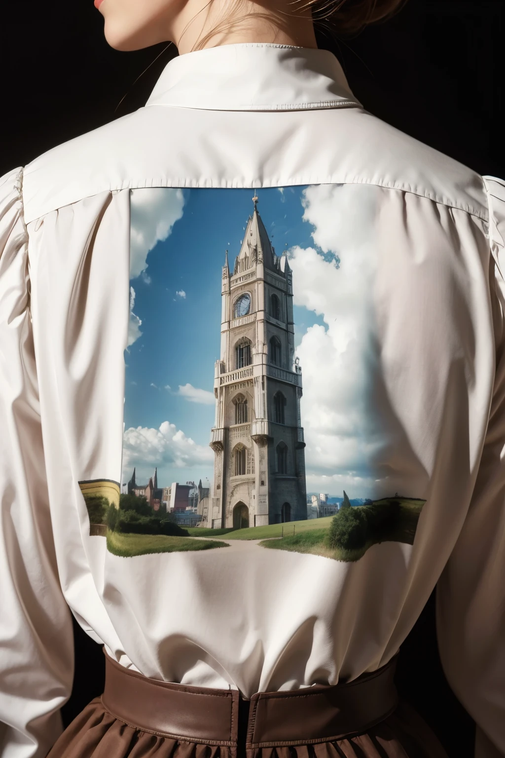 create a blouse with a front and back image, the front with written text "all over the earth" at the height of the heart and the back with the design of a tower in medieval format