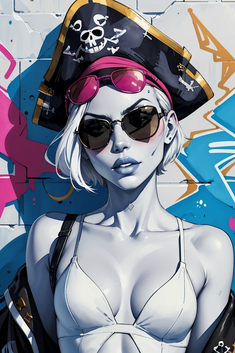 watercolor painting, 8K resolution、((highest quality))、((masterpiece))、((Super detailed))、1 female、alone、incredibly absurd、 (((The most beautiful pirate girl of all time))), (((Stylish sunglasses))), lips in love, white skin, pirate hat, skull fashion, neon、short cut hair、small breasts, (((graffiti art))), colorful hair, provocative, middle finger rising
